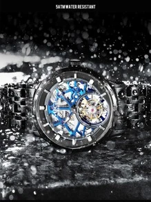 1pc Black Stainless Steel Strap Fashionable Tourbillon Water Resistant Hollow Out Round Dial Mechanical Watch, For Daily Decoration - Black - View 4