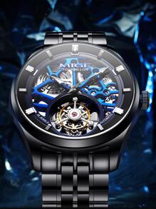 1pc Black Stainless Steel Strap Fashionable Tourbillon Water Resistant Hollow Out Round Dial Mechanical Watch, For Daily Decoration - Black - View 2