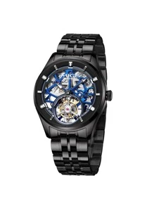 1pc Black Stainless Steel Strap Fashionable Tourbillon Water Resistant Hollow Out Round Dial Mechanical Watch, For Daily Decoration - Black - View 6