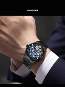 1pc Black Stainless Steel Strap Fashionable Tourbillon Water Resistant Hollow Out Round Dial Mechanical Watch, For Daily Decoration - Black - View 3