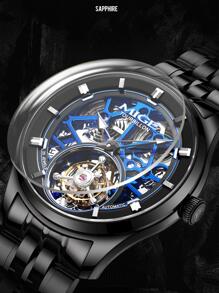 1pc Black Stainless Steel Strap Fashionable Tourbillon Water Resistant Hollow Out Round Dial Mechanical Watch, For Daily Decoration - Black - View 5