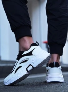運動鞋適用於男士撞色前綁帶老爹鞋 - 黑與白 - 查看 2