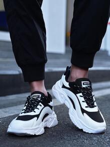 運動鞋適用於男士撞色前綁帶老爹鞋 - 黑與白 - 查看 3