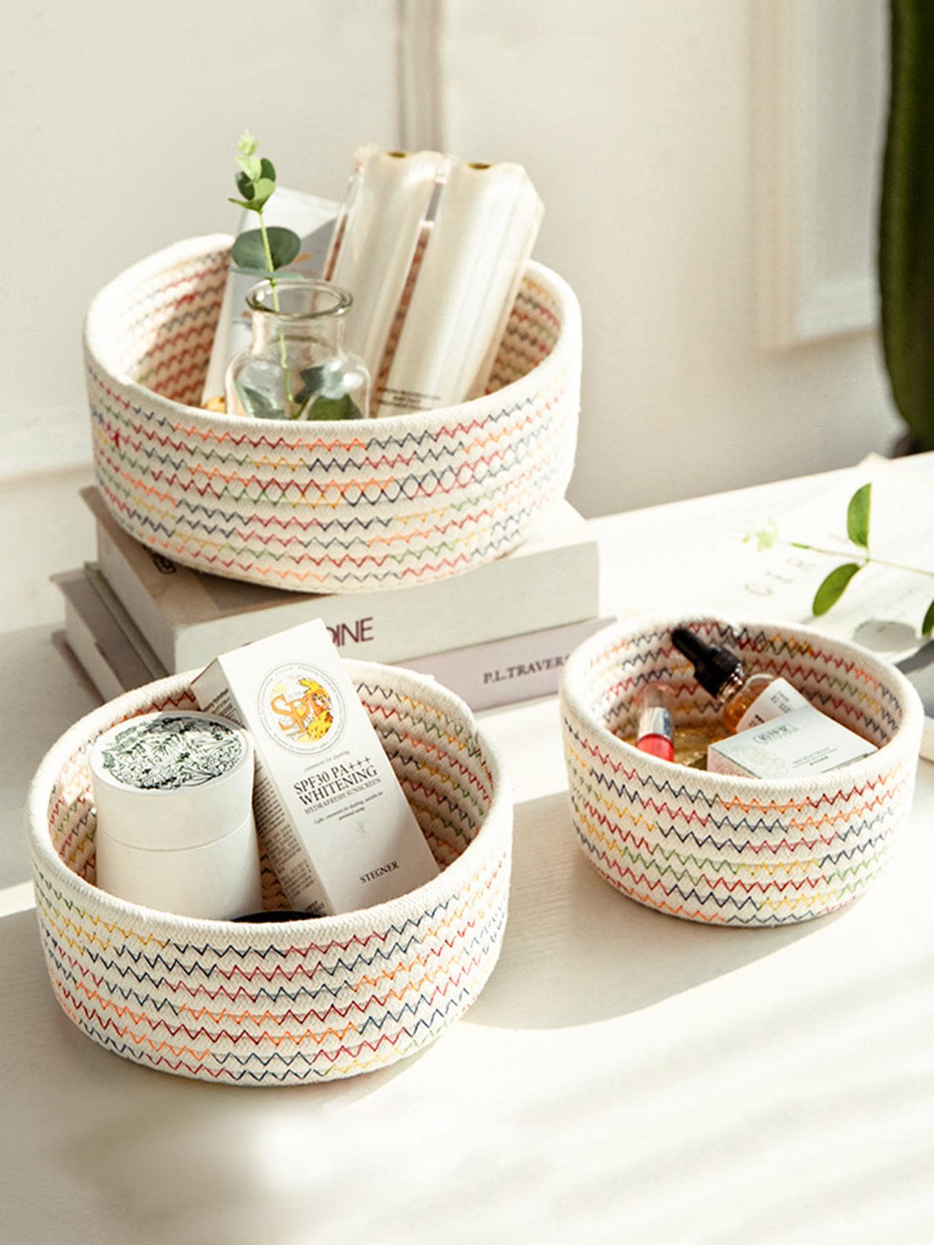 手工圆线收纳篮，桌面收纳盒，母亲节礼物，客厅、厨房、浴室、卧室，3 种尺寸可选