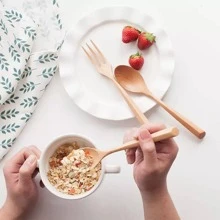 AIUHI 1 bộ Muỗng & Nĩa Gỗ, Bộ Đồ Ăn Di Động Tối Giản Cho Nhà Bếp - Màu be - Xem 3
