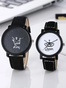 2入組黑色PU聚氨酯帶時尚王冠和字母圖案圓形錶盤石英表,日常裝飾 - 黑色 - 查看 1
