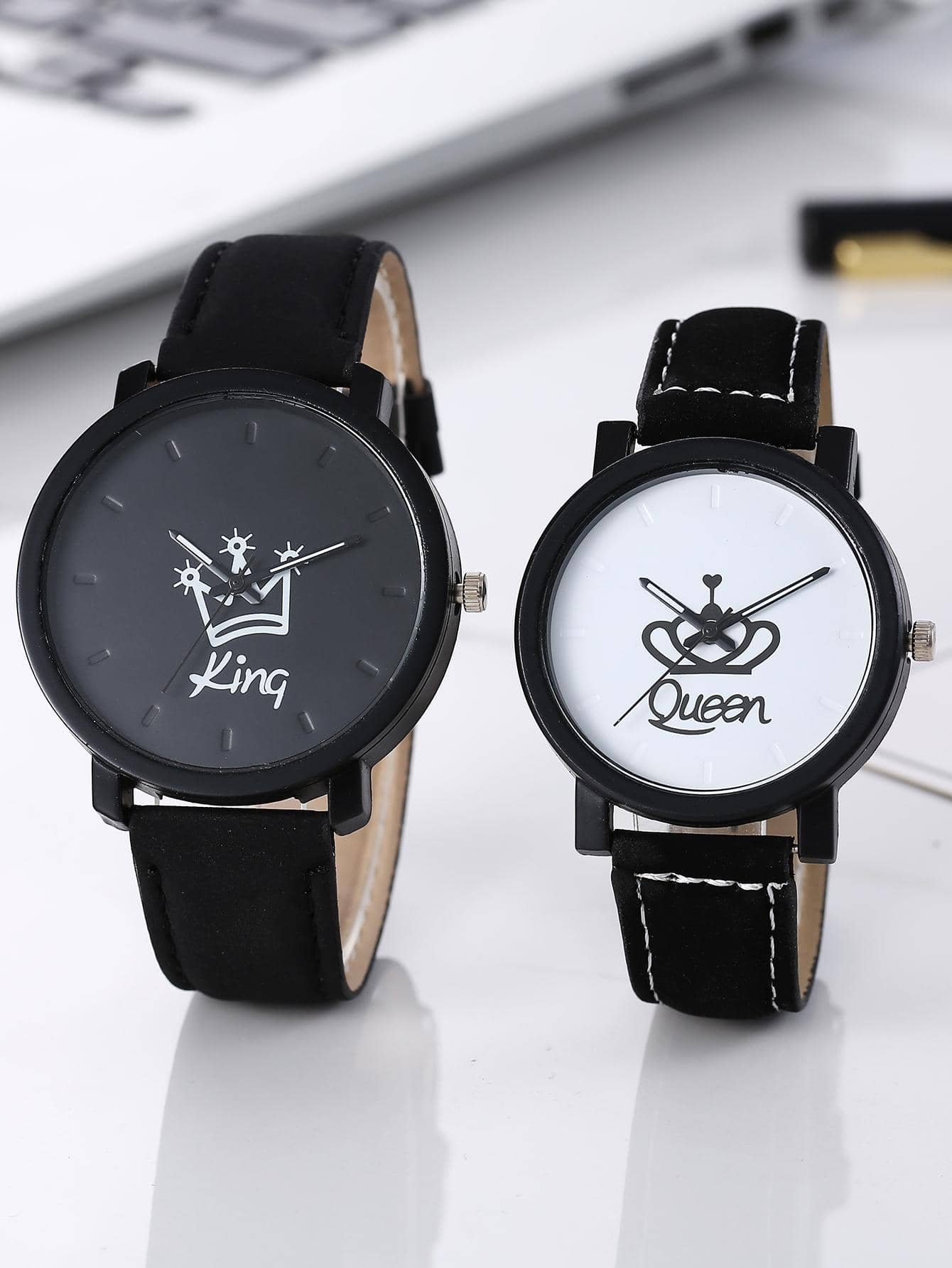 2入組黑色PU聚氨酯帶時尚王冠和字母圖案圓形錶盤石英表,日常裝飾 - 黑色 - 查看 1