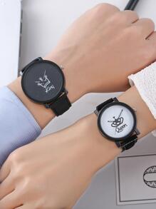 2入組黑色PU聚氨酯帶時尚王冠和字母圖案圓形錶盤石英表,日常裝飾 - 黑色 - 查看 3
