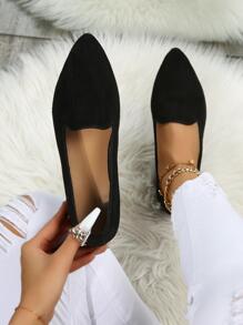 女式極簡主義尖頭仿麂皮平底樂福鞋，優雅平底鞋 - 黑色 - 查看 1