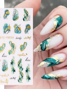 1入組3D自粘指甲貼紙，含金色邊緣，大理石與花卉圖案，DIY必備 - 彩色 - 查看 1