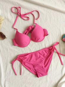 Solid Halter Push Up Tie Side Bikini Set - Hot Pink - View 3
