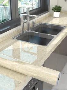 1roll PET Kitchen Sticker, Modern Marble Pattern Waterproof Oil Proof Kitchen Wall Decal For Kitchen - Yellow - View 2