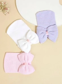 3pcs/Set Newborn Baby Hats, Striped Pattern With Bow Decor Cute Knitted Caps, Soft & Comfortable, Suitable For 0-3 Months Baby Boys And Girls - Multicolor - View 3