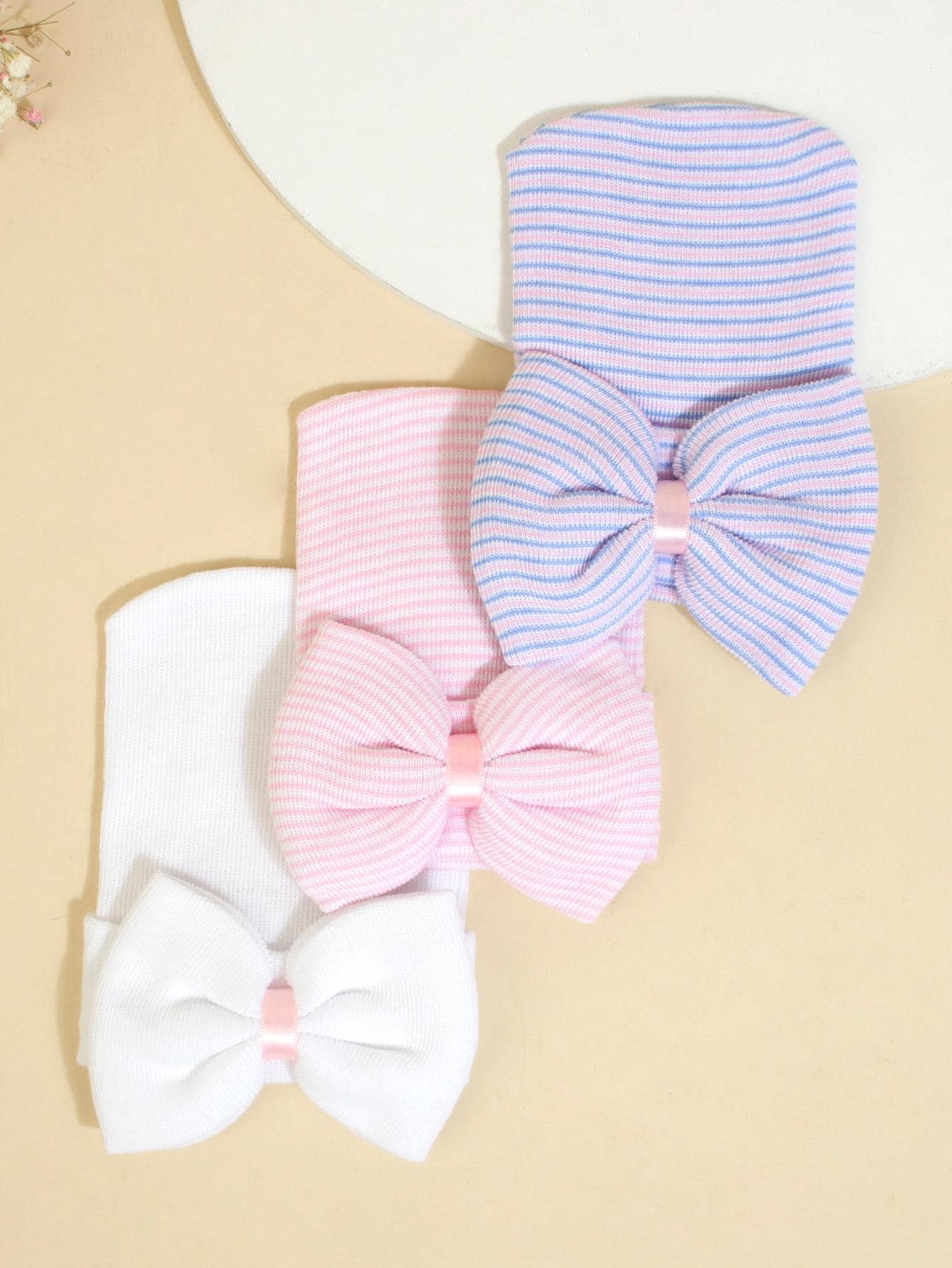 3pcs/Set Newborn Baby Hats, Striped Pattern With Bow Decor Cute Knitted Caps, Soft & Comfortable, Suitable For 0-3 Months Baby Boys And Girls - Multicolor - View 1