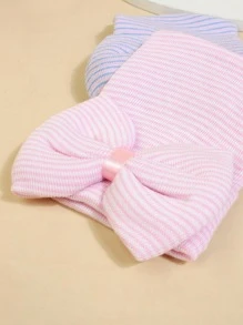 3pcs/Set Newborn Baby Hats, Striped Pattern With Bow Decor Cute Knitted Caps, Soft & Comfortable, Suitable For 0-3 Months Baby Boys And Girls - Multicolor - View 4