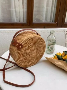 Mini Minimalist Straw Bag Snap Button Vacation - Khaki - View 1