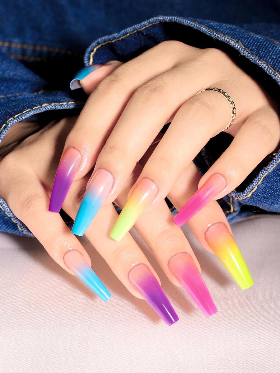 Bộ 24 móng giả phủ toàn bộ bề mặt, hiệu ứng chuyển màu cầu vồng neon - Nâng cấp diện mạo của bạn! Dụng cụ làm móng nghệ thuật - Nhiều màu - Xem 1