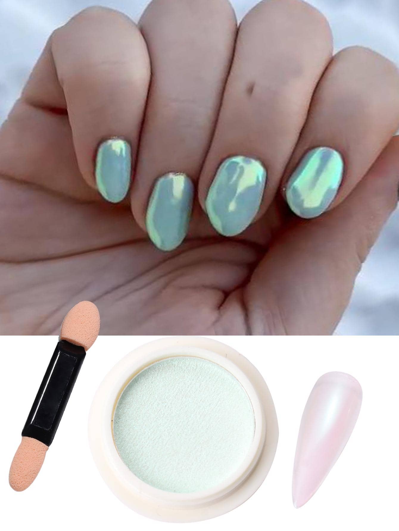 极光全息固体指甲粉、铬闪粉、彩色美甲颜料（含刷子）、镜面效果指甲粉、DIY美甲饰品、美甲宝石、美甲用品 - 綠色 - 查看 1