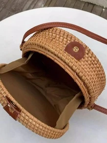 Mini Minimalist Straw Bag Snap Button Vacation - Khaki - View 4
