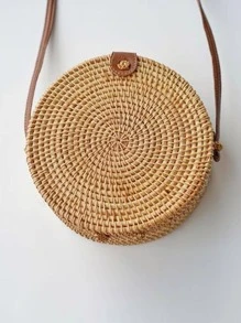 Mini Minimalist Straw Bag Snap Button Vacation - Khaki - View 5
