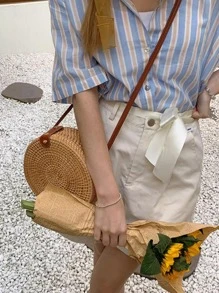 Mini Minimalist Straw Bag Snap Button Vacation - Khaki - View 2