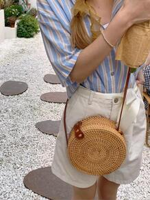 Mini Minimalist Straw Bag Snap Button Vacation - Khaki - View 3