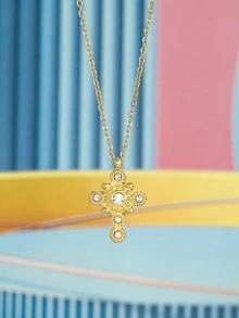 1 pieza Collar de colgante cruzado de acero inoxidable de moda con diamantes de imitación brillantes para niña, Joyería de  Fino Regalo de Cumpleaños - Amarillo Oro - Ver 2