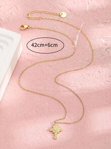 1 pieza Collar de colgante cruzado de acero inoxidable de moda con diamantes de imitación brillantes para niña, Joyería de  Fino Regalo de Cumpleaños - Amarillo Oro - Ver 3