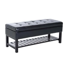 Leather Storage Ottoman Bench Black Foot Stool Shoe Rack Furniture Three Person - 黑色 - 查看 2