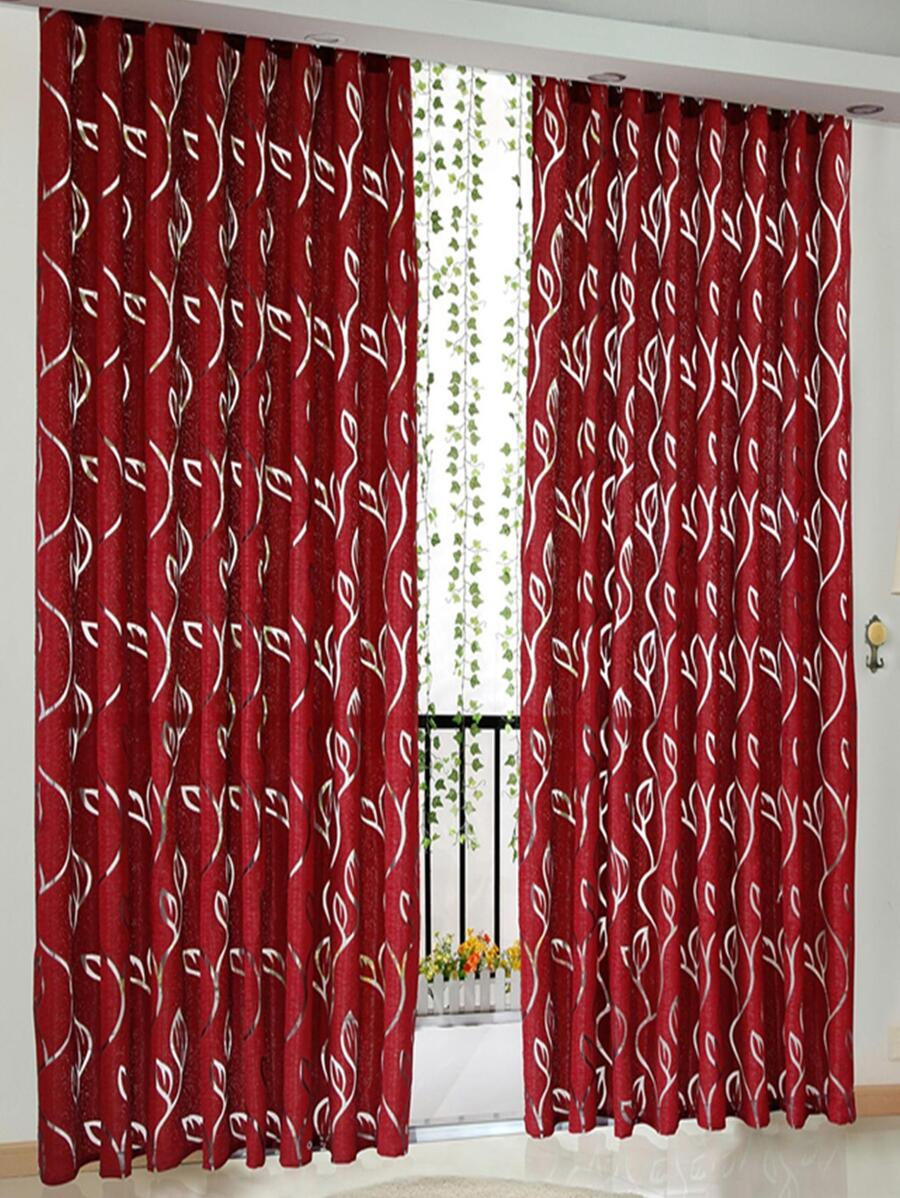 葉子圖案單面板透明窗簾,現代滌綸濾光隱私透明窗簾適用於客廳和臥室 - 紅色 - 查看 1