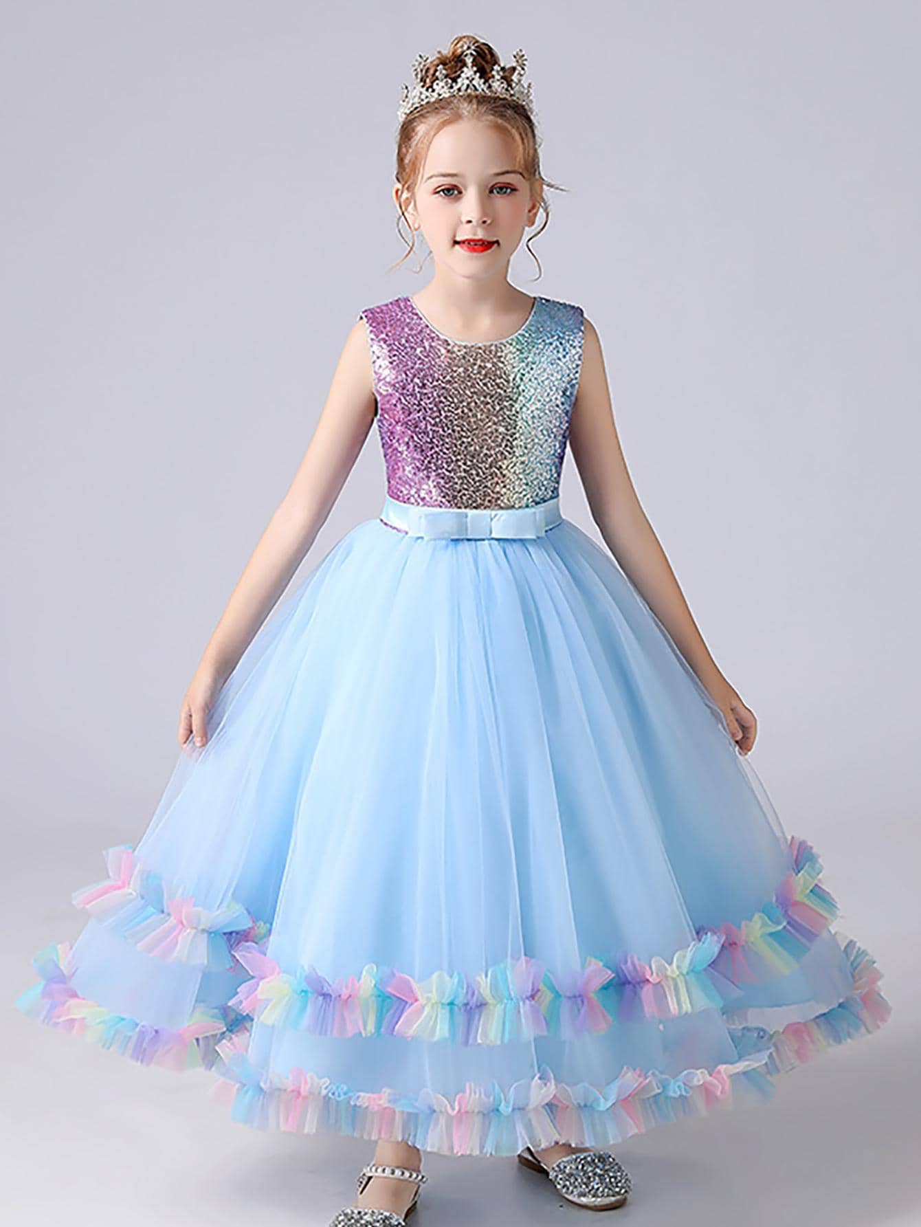 Girls Sequin Insert Colourblock Mesh Hem Party Dress - Blue - View 1