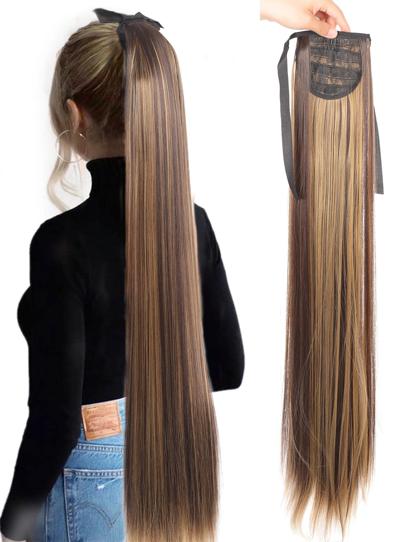 合成长直发夹尾假发马尾辫假发带发夹马尾接发女士头饰 - 間色 - 查看 1