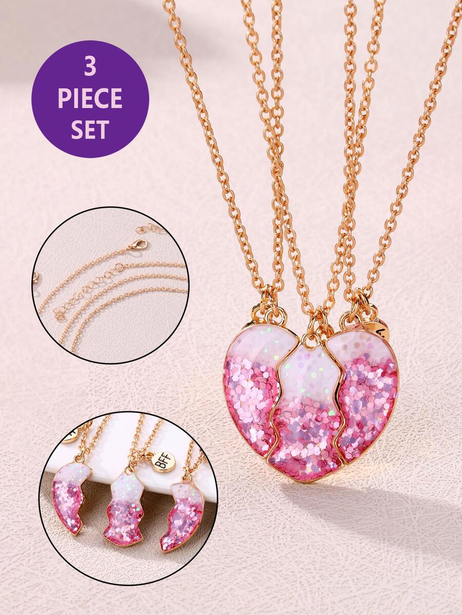 3入組女孩 Bff 心形鋅合金吊墜項鍊，帶閃光設計，磁性閉合送給最好朋友完美生日禮物