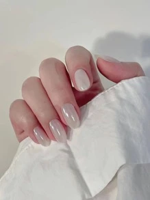 24 片短椭圆形优雅简约电镀仿珍珠白色极光指甲贴，含 1 个指甲抛光块和 1 个果冻凝胶指甲油贴，按压式指甲，美甲用品，美甲 - 彩色 - 查看 4