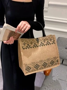 Geometric Graphic Tote Bag Vacation Style - Khaki - View 4