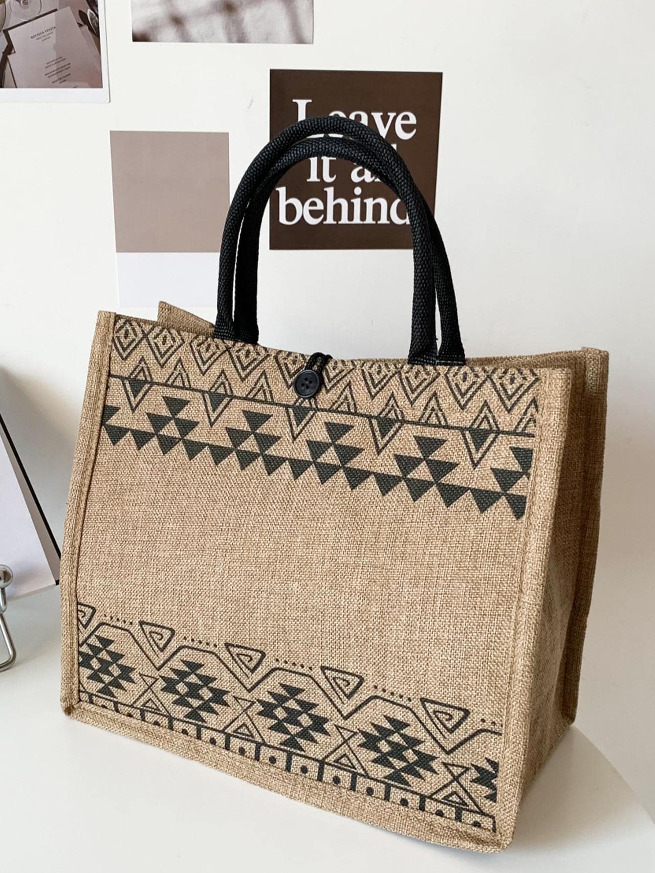 Geometric Graphic Tote Bag Vacation Style - Khaki - View 1