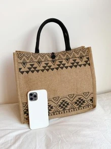 Geometric Graphic Tote Bag Vacation Style - Khaki - View 7