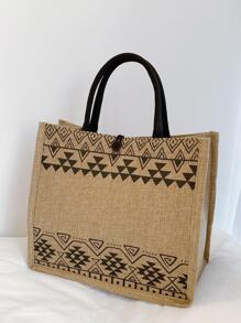 Geometric Graphic Tote Bag Vacation Style - Khaki - View 3