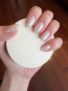 24 片短椭圆形优雅简约电镀仿珍珠白色极光指甲贴，含 1 个指甲抛光块和 1 个果冻凝胶指甲油贴，按压式指甲，美甲用品，美甲 - 彩色 - 查看 5