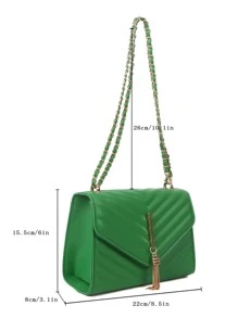 Metal V Decor Square Shoulder Bag, Quilted Chain Flap Evening Bag With Detachable Chain, New PU Leather Solid Color Handbag & Purse, Lightweight Messenger Bag Office Commuter Shopping Bag, Casual Phone Coin Crossbody Bags - Green - View 8
