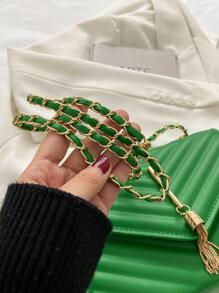Metal V Decor Square Shoulder Bag, Quilted Chain Flap Evening Bag With Detachable Chain, New PU Leather Solid Color Handbag & Purse, Lightweight Messenger Bag Office Commuter Shopping Bag, Casual Phone Coin Crossbody Bags - Green - View 7