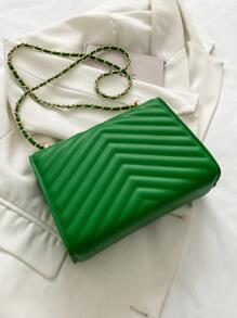 Metal V Decor Square Shoulder Bag, Quilted Chain Flap Evening Bag With Detachable Chain, New PU Leather Solid Color Handbag & Purse, Lightweight Messenger Bag Office Commuter Shopping Bag, Casual Phone Coin Crossbody Bags - Green - View 6