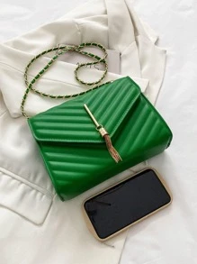 Metal V Decor Square Shoulder Bag, Quilted Chain Flap Evening Bag With Detachable Chain, New PU Leather Solid Color Handbag & Purse, Lightweight Messenger Bag Office Commuter Shopping Bag, Casual Phone Coin Crossbody Bags - Green - View 5