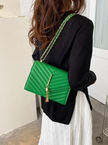 Metal V Decor Square Shoulder Bag, Quilted Chain Flap Evening Bag With Detachable Chain, New PU Leather Solid Color Handbag & Purse, Lightweight Messenger Bag Office Commuter Shopping Bag, Casual Phone Coin Crossbody Bags - Green - View 3