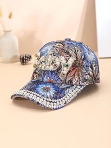 Mujer 1 pieza Gorra de béisbol con patrón de flor con perla artificial & con diseño de diamante de imitación exquisito para decoración diaria - Multicolor - Ver 1