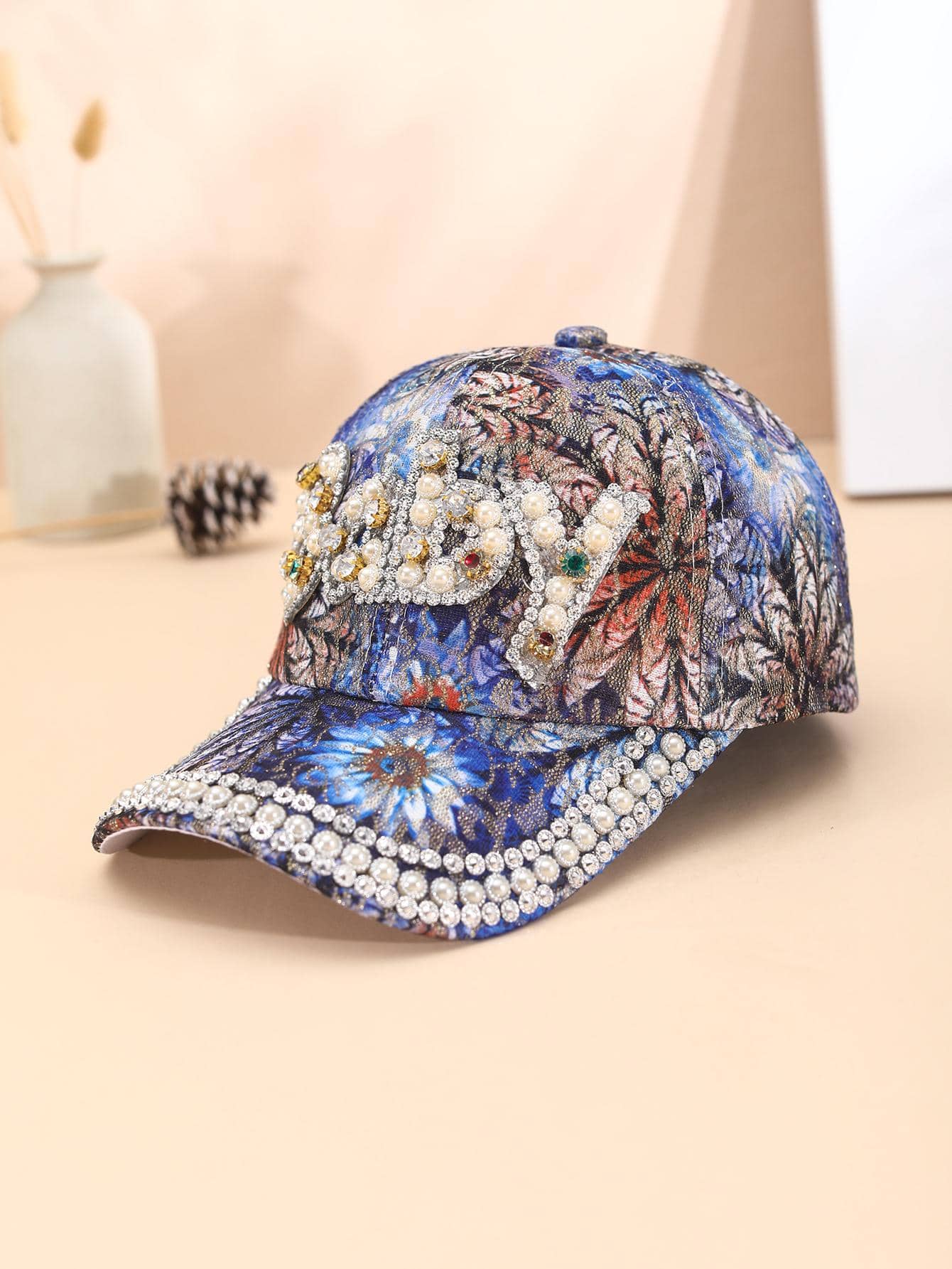 Mujer 1 pieza Gorra de béisbol con patrón de flor con perla artificial & con diseño de diamante de imitación exquisito para decoración diaria - Multicolor - Ver 1