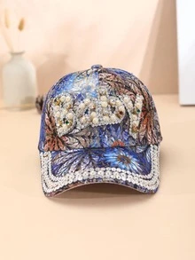 Mujer 1 pieza Gorra de béisbol con patrón de flor con perla artificial & con diseño de diamante de imitación exquisito para decoración diaria - Multicolor - Ver 2