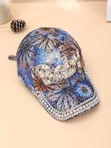 Mujer 1 pieza Gorra de béisbol con patrón de flor con perla artificial & con diseño de diamante de imitación exquisito para decoración diaria - Multicolor - Ver 3