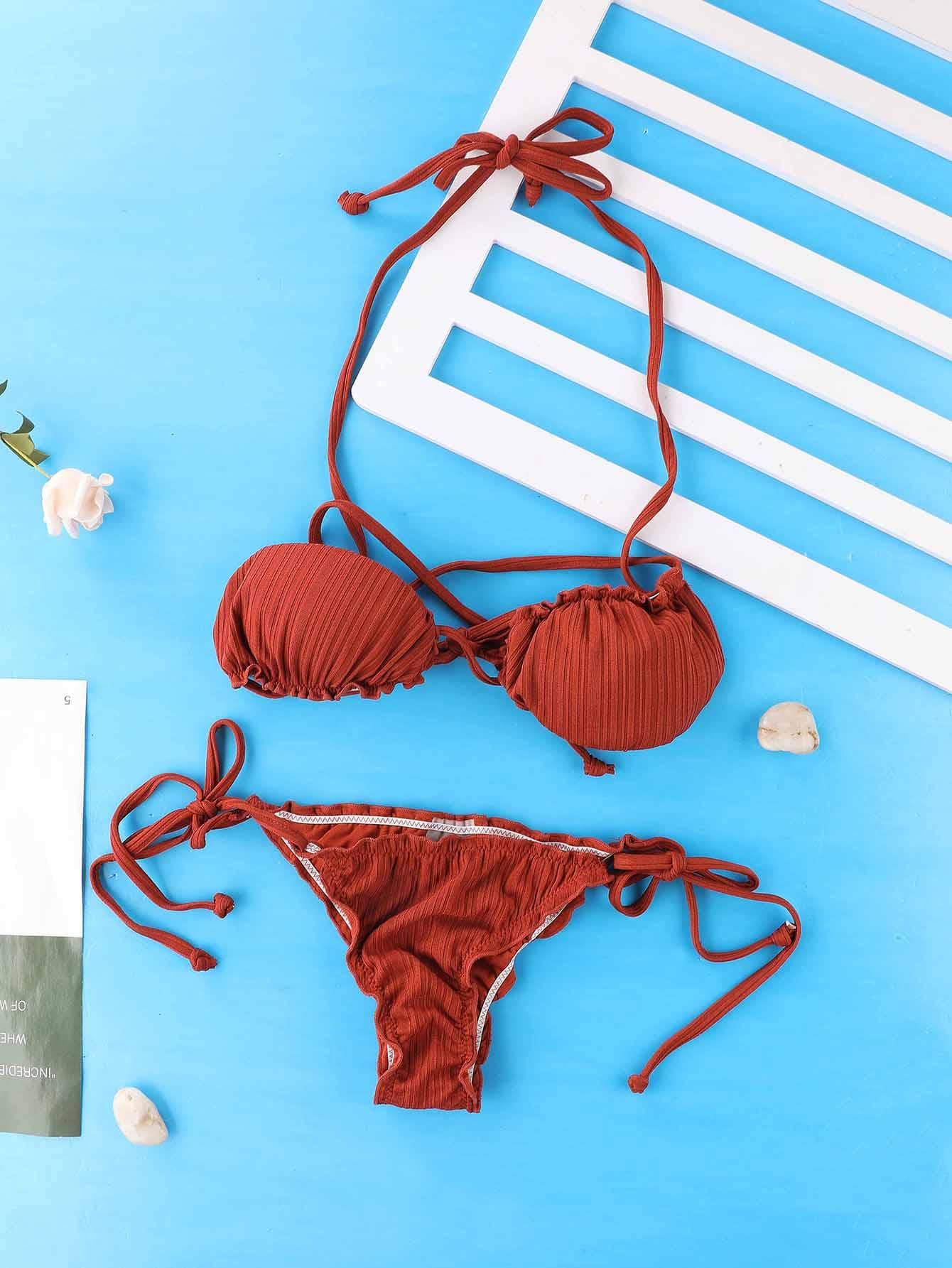 Ribbed Knit Halter Tie Side Bikini - Brown - View 1