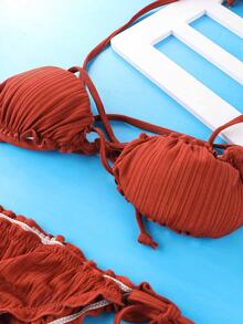 Ribbed Knit Halter Tie Side Bikini - Brown - View 2